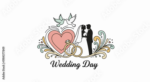 Romantic wedding illustration with couple, rings, doves, and decorative swirls