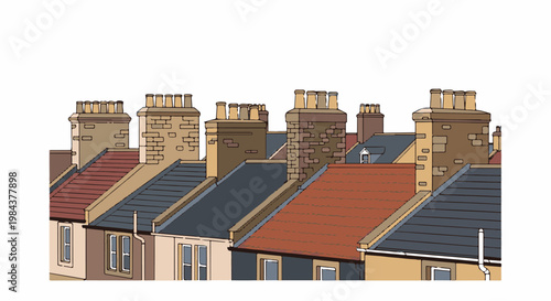 Rooftops with chimneys and dormers in a line against a white background