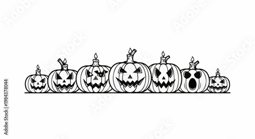 Row of seven carved pumpkins with candle flames on white background