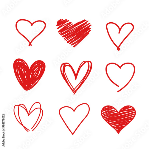 Hand drawn heart doodle set in red. Collection of sketch, outline and scribble hearts isolated on white. Romantic elements for Valentine’s Day, love cards, branding, stickers and prints.