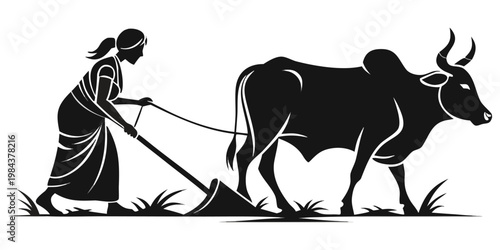 Black silhouette vector illustration of a bull cow and calf standing alongside a wild horse and farm dog in a minimalist western nature scene.