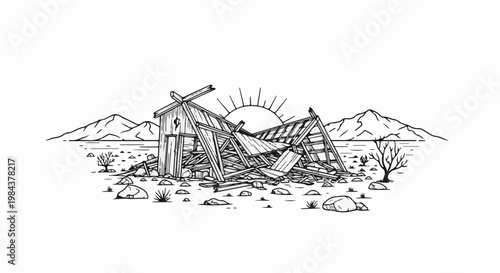 Ruined wooden structure in a dry landscape at sunset