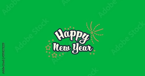 Digital animation of happy new year text banner with star icons against black background