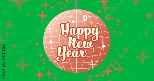 Happy new year text banner over a disco ball with shiny star icons against black background