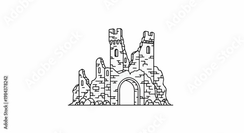 Ruined stone castle with arched gateway and crumbling towers