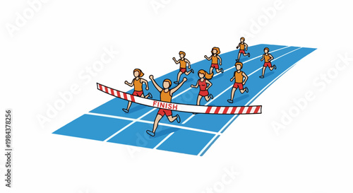 Runners crossing the finish line on a blue track in a race
