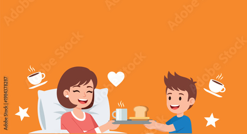 Boy serving breakfast in bed to happy mother on mothers day with coffee and toast, hearts and stars background.