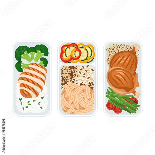 Healthy meal prep containers, balanced diet food, vegetarian and protein rich meals, lunch box ideas isolated on White Background