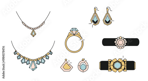 Collection of hand drawn jewelry including necklaces rings and bracelets