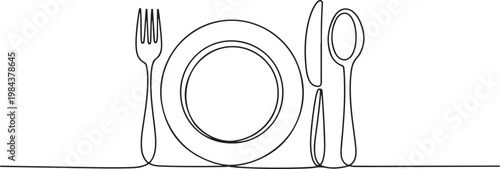 continuous line drawing of fork, plate, knife and spoon. minimalist one line drawing of cutlery. one line Icon drawing