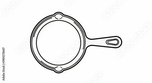 Simple black and white outline drawing of a frying pan on a white background
