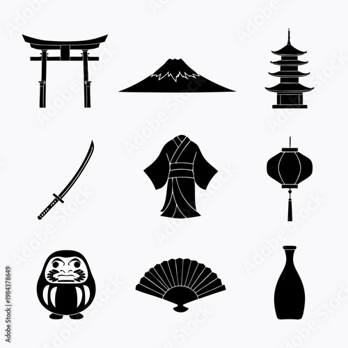 Japanese cultural traditional icon set, vector symbols of Fuji, Ninja sword, Kimono, Torii gate and Daruma for travel and celebration design