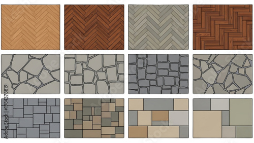 Vector 2D CAD designs showcase various stone and wood patterns for flooring.