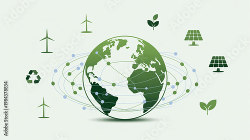 Eco friendly icons, green globe, sustainable energy symbols, environmental conservation isolated on Transparent Background