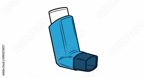 Simple illustration of a blue asthma inhaler with a dark blue mouthpiece