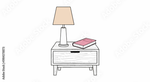 Simple illustration of a bedside table with a lamp and book