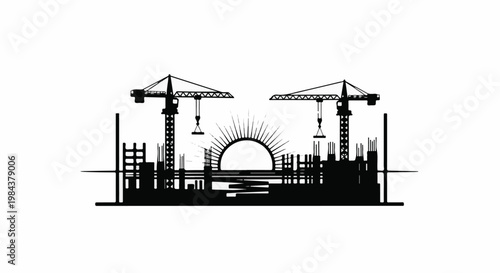 Silhouette of cranes and unfinished buildings against a rising sun
