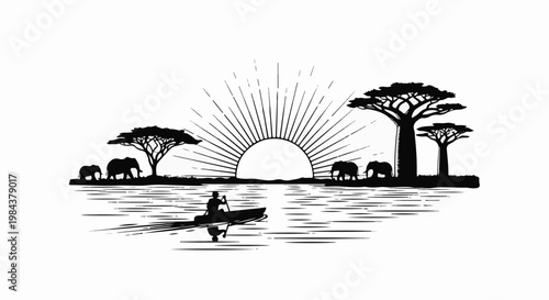 Silhouette of elephants and baobab trees by a river at sunset with a canoeist