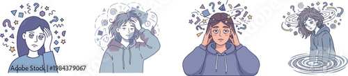 Collection of a sleepy or dizzy girl being overwhelmed by abstract symbols and thoughts, vector art isolated on white. Concept of falling asleep, entering a dream state, or suffering from severe disor
