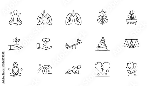 Therapy mindfulness wellness icon set psychology vector