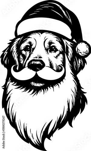 Funny dog in santa hat with mustache black and white illustration