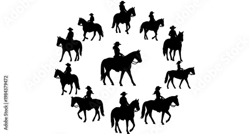 Minimal cowboy and cowgirl horse riding silhouettes vector set in elegant western style