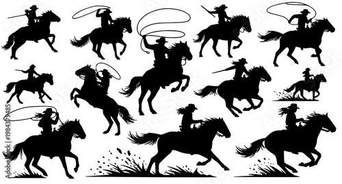 Dynamic cowboy cowgirl riding horse silhouettes with action western scenes vector collection