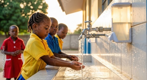 Children at outdoor water station