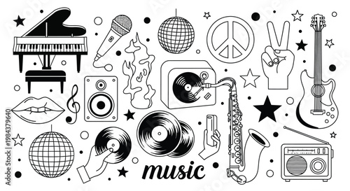 Music icons, black and white, vector graphics, music symbols, disco elements