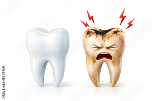 Clean tooth versus decayed painful tooth concept dental health comparison