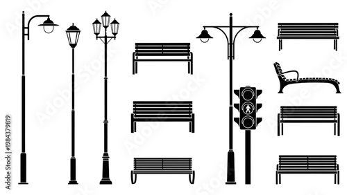 Vector 2D CAD drawing of urban street furniture and benches