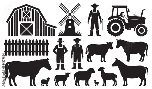 Farm life silhouettes featuring animals farmer and equipment collection