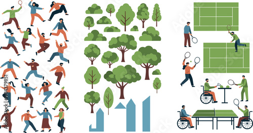 Diverse people outdoor activities and sports illustrations with trees city elements and tennis scenes modern flat lifestyle collection