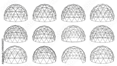 Vector 2D CAD drawing of multiple geodesic domes in a grid layout