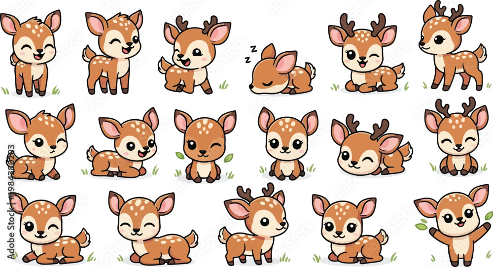 Fototapeta premium Cute baby deer fawn character set with various poses and expressions