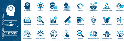 AI Thinking Solid Icon Set Featuring Artificial Intelligence Logic Machine Learning Robot Data Analysis Neural Network Automation Problem Solving and Technology Vector Icons Collection