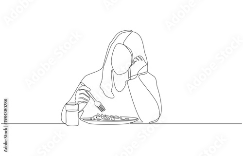 Continuous one line of young woman lost in thought while eating, introspective moment during a meal concept, single line art