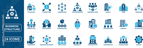 Business Structure Solid Icon Set Featuring Company Office Organization Hierarchy Employees Agency Corporation Workplace Network Management and Enterprise Vector Icons Collection