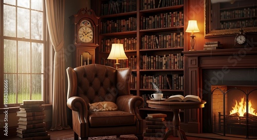 Cozy library room with armchair.