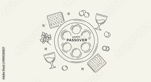 Passover Celebration, Traditional Seder Plate, Jewish Culture, Illustration, Minimalist Design, Top View, Festive Concept