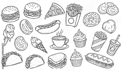 Hand drawn black and white food doodle pattern with fast food snacks and drinks vector