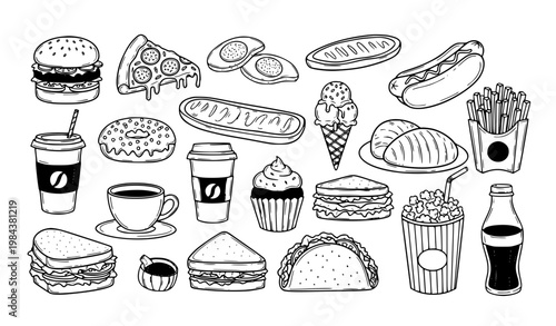 Black and white food doodle set with burger pizza fries donut coffee and snack hand drawn vector
