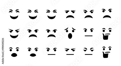 Set of Emoticons Expressing Various Emotions - Happy, Sad, Angry, Thoughtful