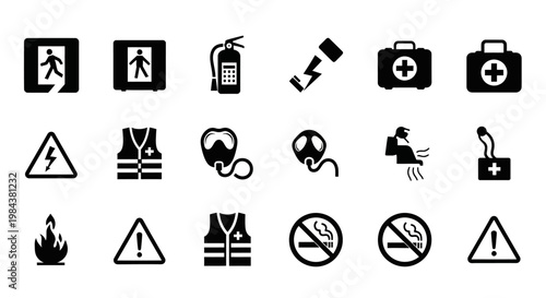 Safety Icons Set: Fire Extinguisher, First Aid, Warning Signs, PPE