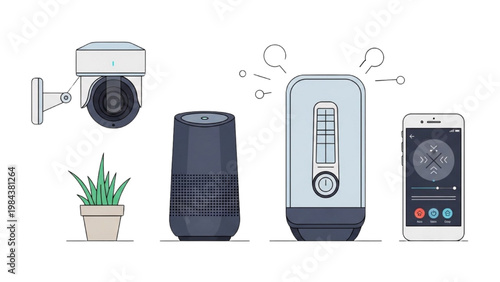 Smart home devices with vector 2D CAD designs on smartphone and gadgets