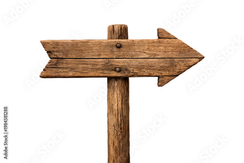 Rustic wooden arrow signpost, weathered timber direction sign, blank wood pointer board for navigation and wayfinding isolated PNG with Transparent Background