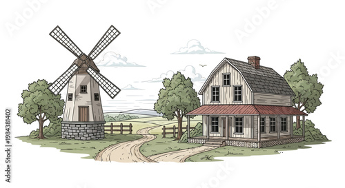 A charming illustration depicts a windmill and farmhouse in a rural setting
