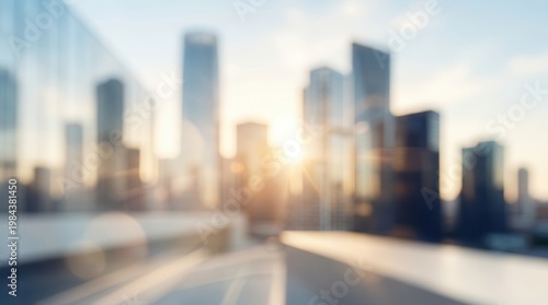 Abstract modern urban scape with blurred city buildings and bright sunlight.