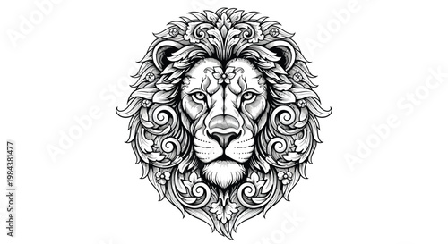 Detailed black and white illustration of a majestic lion s head