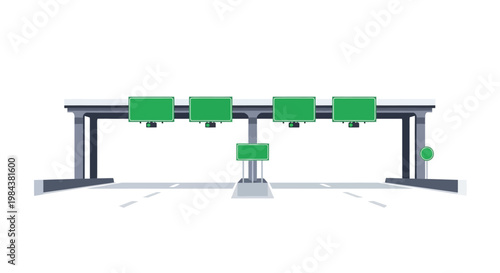 Illustration of a highway toll plaza with four overhead signs